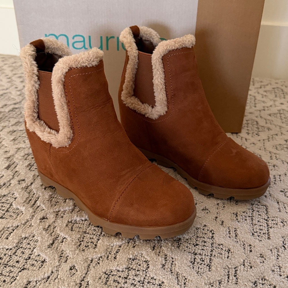 Maurice’s Caroline Sherpa Trim Wedges in Cognac